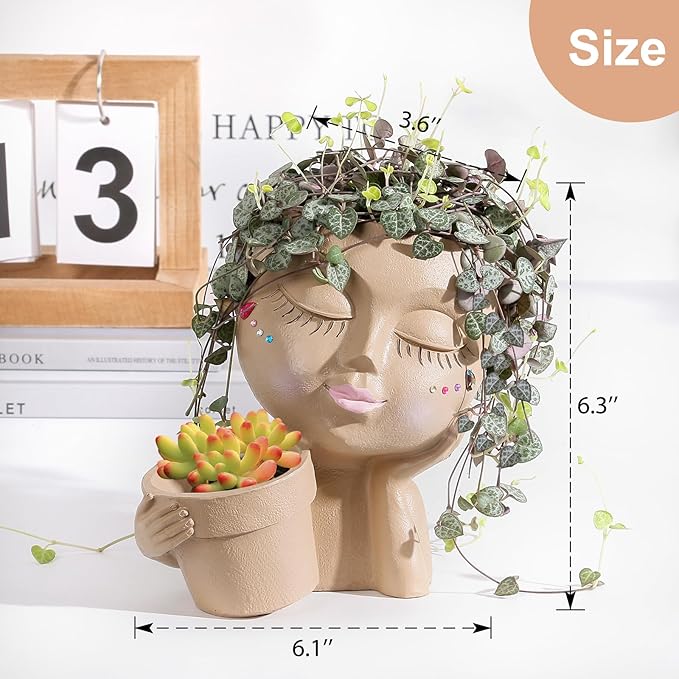 vomiceak Face Planters Pots Head Planter for Indoor Outdoor Plants - Cute Plant Pots for Flower Succulent with Drainage Hole - Gift Ideas for Mother (Khaki Lady)