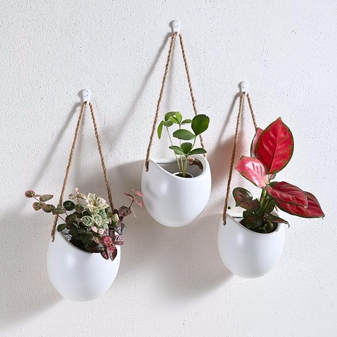 Set of 3 Ceramic Wall Vases - Hanging Pocket Planters for Indoor Plants, Wall Decor for Entryway Hallway Bathroom Living Room Dining Room