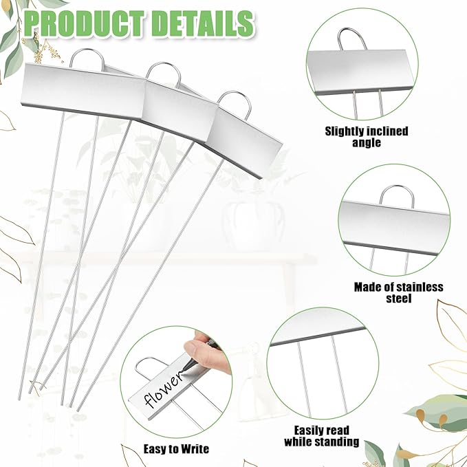 Maitys 62 Pcs Metal Plant Labels Garden Markers Outdoor Weatherproof 10.6 Inch Stainless Steel Nursery Tags Reusable Bulk with Pens for Flower Fruit Vegetable Seedling (Silver Label with Black Ink)
