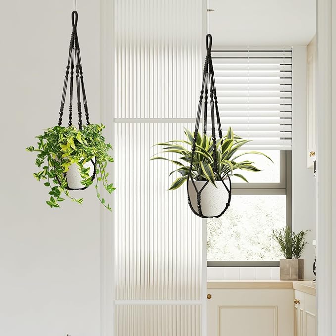 LEWESU Macrame Plant Hanger Indoor Set of 2 with 4 Hooks, Indoor Outdoor Hanging Planter for Plants Holder with Decorative Wood Beads & No Tassels, Boho Home Decor, 35 Inch Black (Pots Not Included)