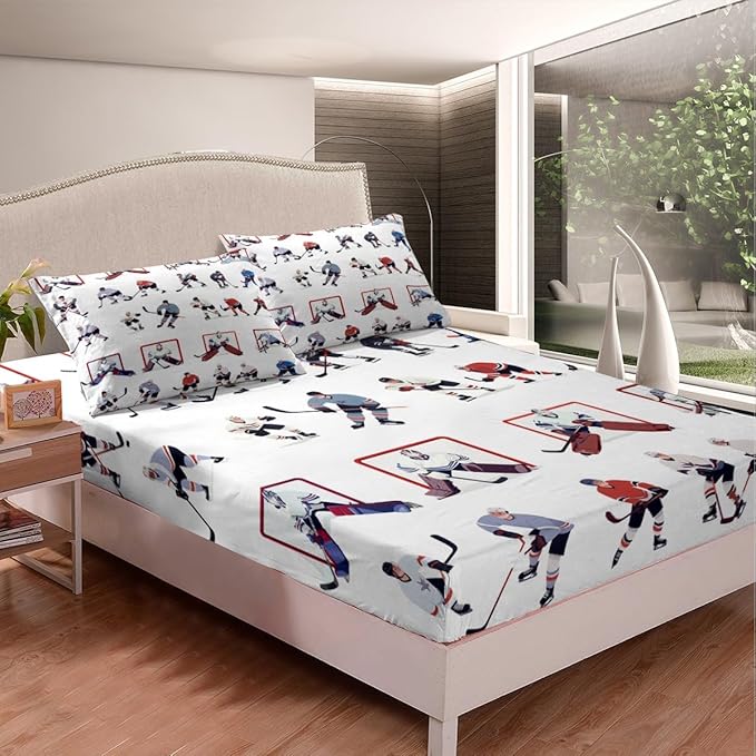 Ice Hockey Sheet Set Full Kids Sports Event Bedding Set Hockey Player Bed Sheets for Boys Bedroom Decor Soft Winter Sports Hockey Puck Bed Set (Twin Flat Sheet & Fitted Sheet with 2 Pillow Case)