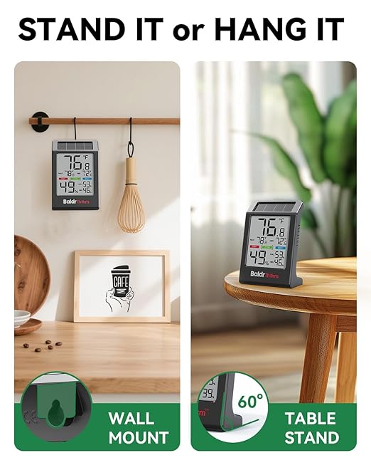 BALDR Indoor Thermometer Hygrometer, Solar Power with Battery Backup, Large Display, Daily Max/Min & Comfort Indicator Humidity Meter（Black）