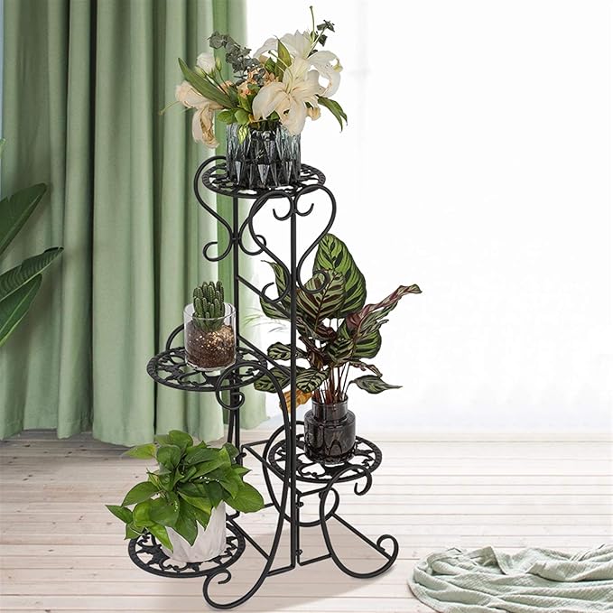 Plant Stand Indoor Outdoor, 4 Tier Metal Flower Pot Holder Shelves for Multiple Plants, Multi Tiered Planter Rack Display Shelf for Patio Garden Living Room (YH-CJ006)