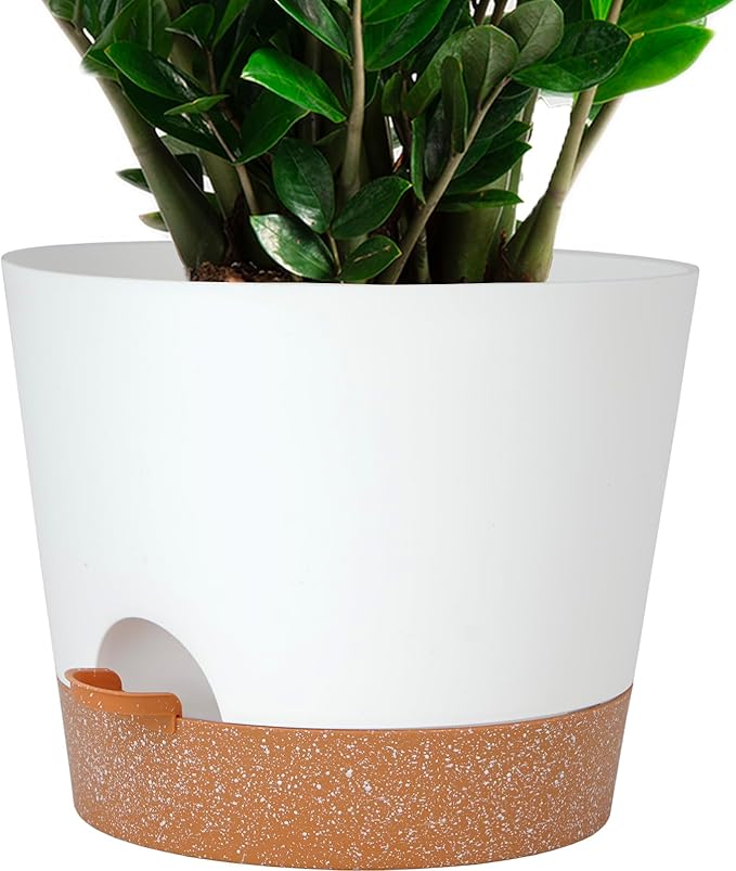 SwinDuck 12inch Large Self Watering Plant Pot, Plastic Cylinder Planter with 60Oz Deep Reservoir and Saucer for Indoor Outdoor Plants Flowers Houseplants, White with Brown