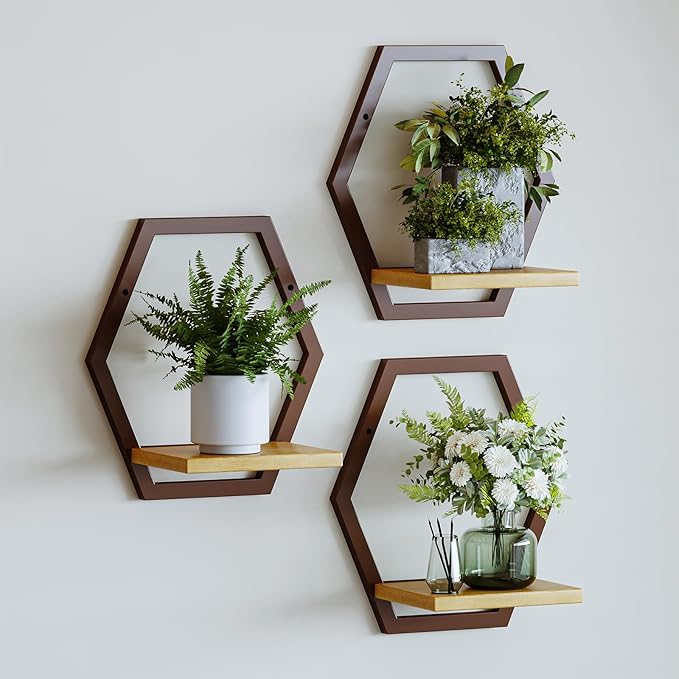 3 Pack Solid Wood & Heavy Duty Metal Wall Plant Stands,9 inch Natural Wood Shelf, Boho Arch Hanging Planter for Indoor 25 LB Load for Plants Coffee