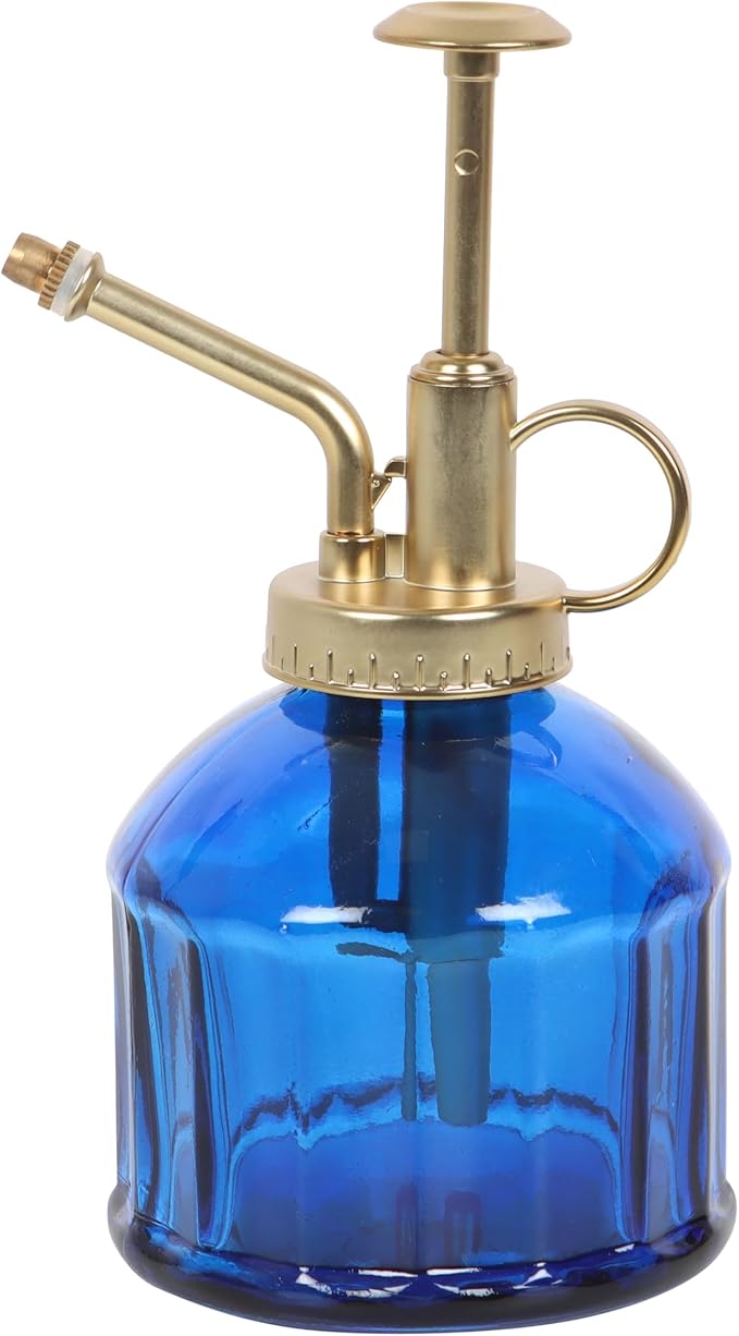 Vintage Blue Glass Plant Mister - Indoor Garden Enthusiast Gift, Gold Metal Pump Spray