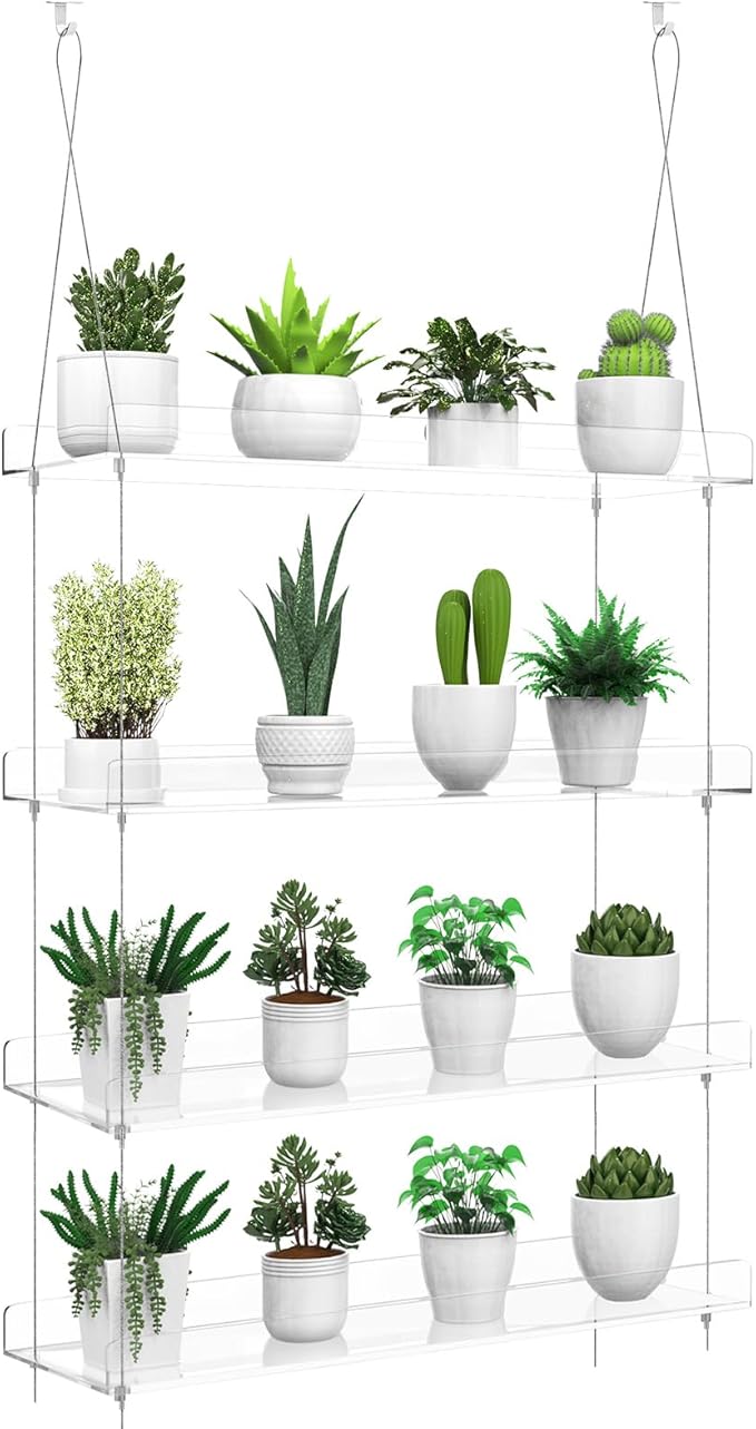4-Tier Hanging Clear Plant Shelves for Windows, Acrylic Window Wall Plant Stand Shelf for Kitchen Indoor Gardens, Flower,Herb, Seedling Organization, and Pots Display, 16 Inch per Tier