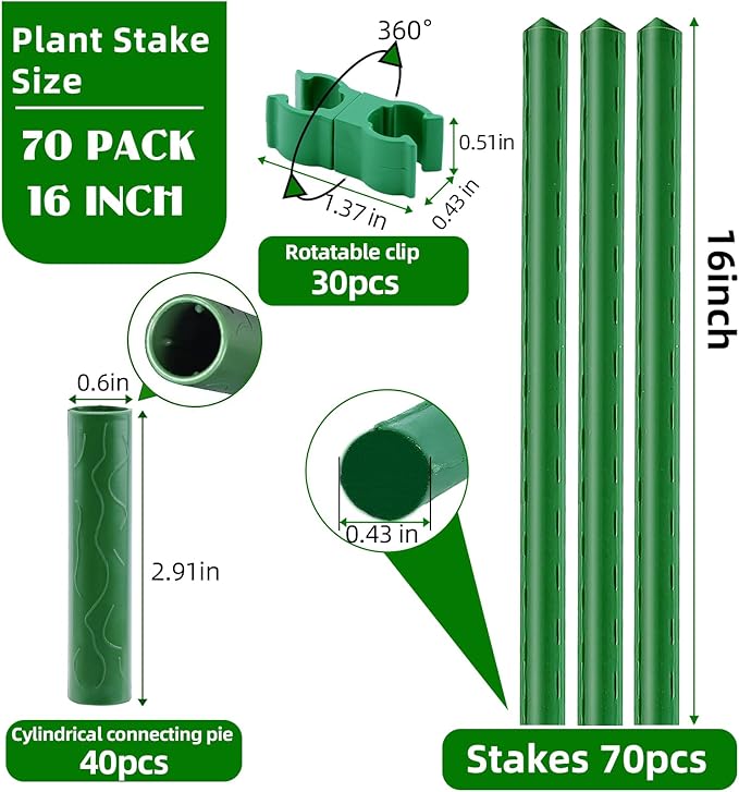 Fabulas Garden Stakes 16 Inch 70 Pack, Diy 4ft 5ft 6ft 7ft 8ft Tomato Stakes Plastic Coated Metal Plant Sticks Stakes Supports with 40 Connectors 30 Rotatable Clips for Indoor Outdoor Plants Vegetable