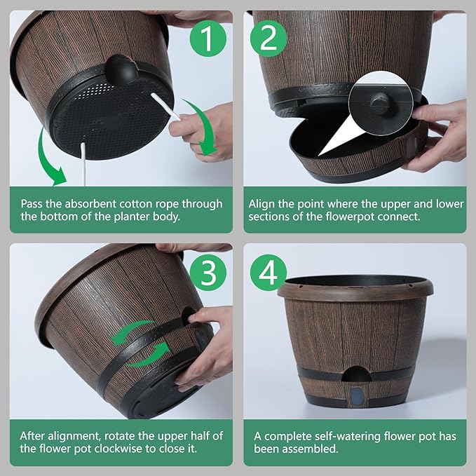Sun-E 10 Inch Whiskey Barrel Self Watering Planters 3Pack- Brown Wood Grain with Side Water Level Indicator,Drainage Holes,Saucer&Plant Tags for Indoor Outdoor Garden Plants,Decor&Plants Not Included