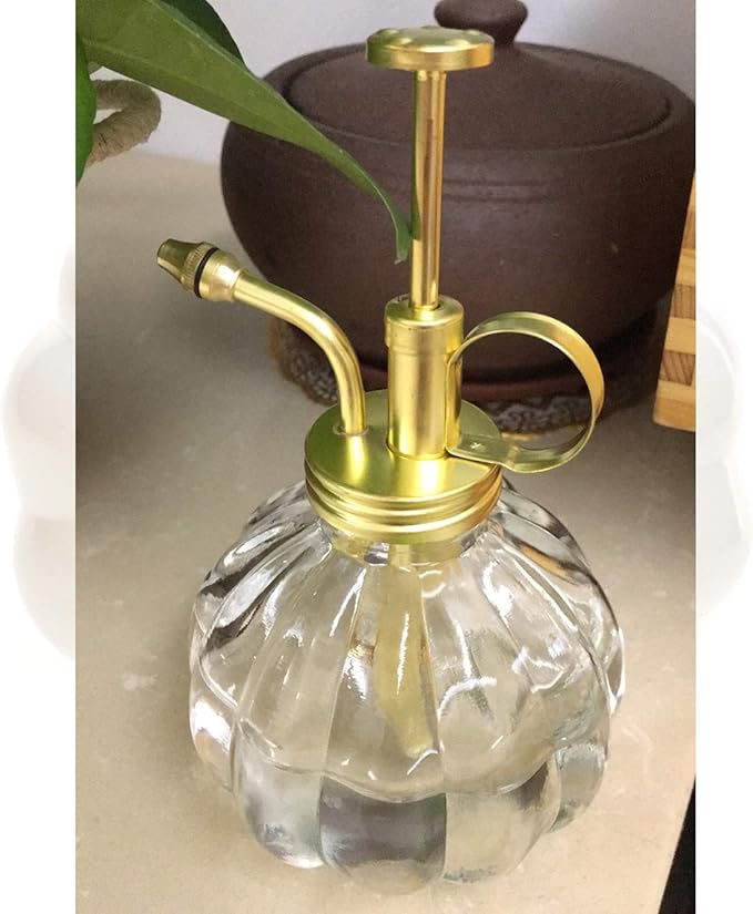 Vintage Style Glass Pumpkin Bottle Sprayer Watering Can Plant Mister with Brass Sprayer Head (Transparent)