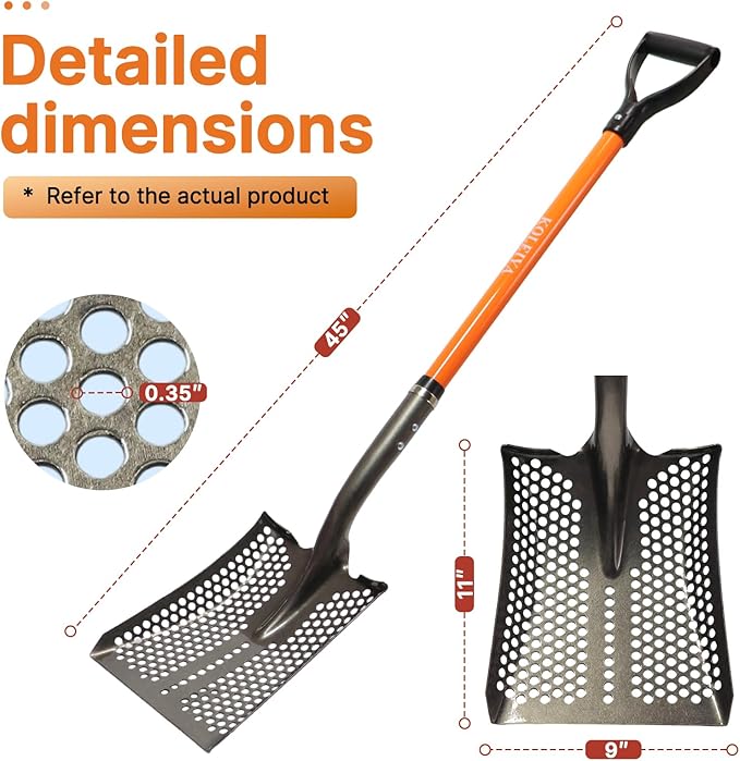 KOLEIYA 45in Sand Sifting Shovel with Orange Fiberglass Handle - Heavy Duty Slotted Shovel for Rocks, Chicken Coop, Gardening and Soil Sifting
