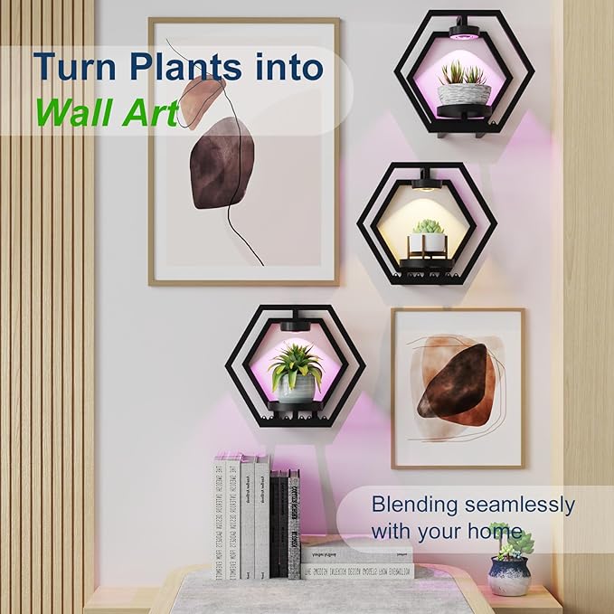 Shineled Wall Planter with Lights, Black Metal Wall Mounted Plant Stand with Adjustable Grow Light, Plant Holder for Indoor Living Room, Patio - 2 Pack