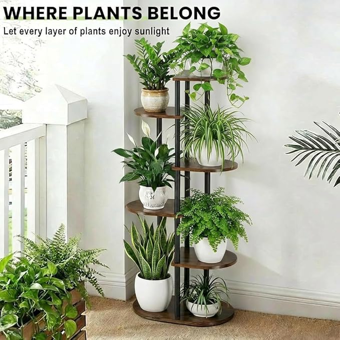Tiered Plant Stand Indoor, Tall 6 Tier 7 Potted Wooden Plant Shelf for Multiple Flower Plants, Multi Corner Metal Plant Holder Indoor for Patio Garden Patent Design Living Room Balcony Bedroom, Rustic Brown