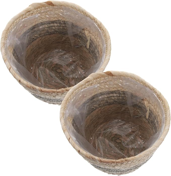 Angoily Round Wicker Plant Basket 2PCS Seagrass Rattan Flower Plant Pots Basket Planters Decorative Woven Flowerpots Wastes- Desktop Floor Weaving