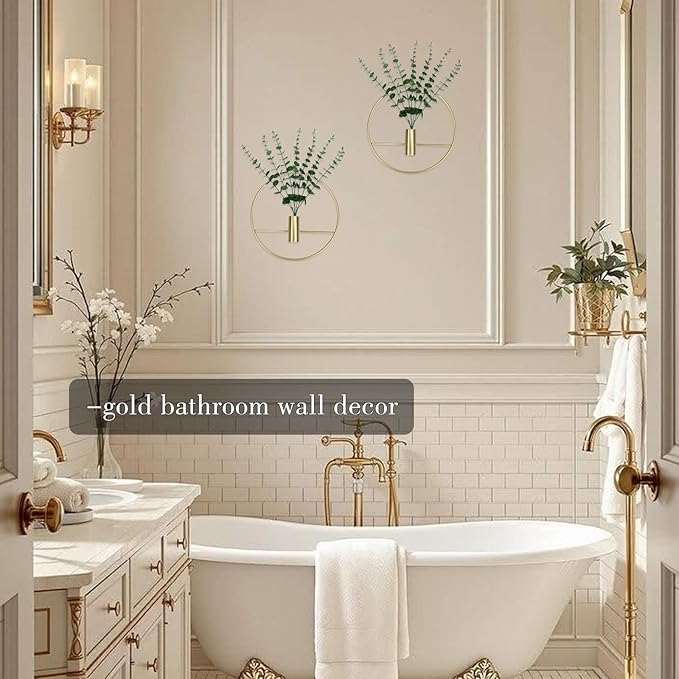 GREENTIME 2 Pack Hanging Plants Faux Eucalyptus with Gold Round Metal Hanging Vase for Teacher Appreciation Living Room Bedroom Boho Kitche Wall Shelf Outdoor