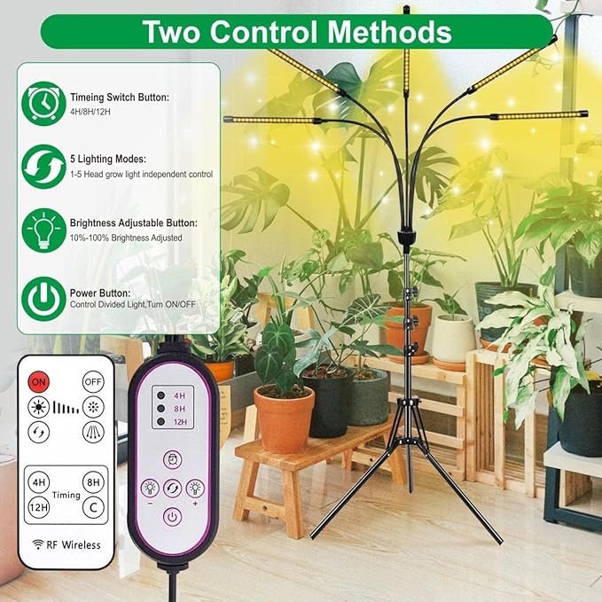 yentbokj 5-Head Adjustable LED Lights, Full Spectrum Grow Lamp with Timer, Warm White Light for Indoor Plants