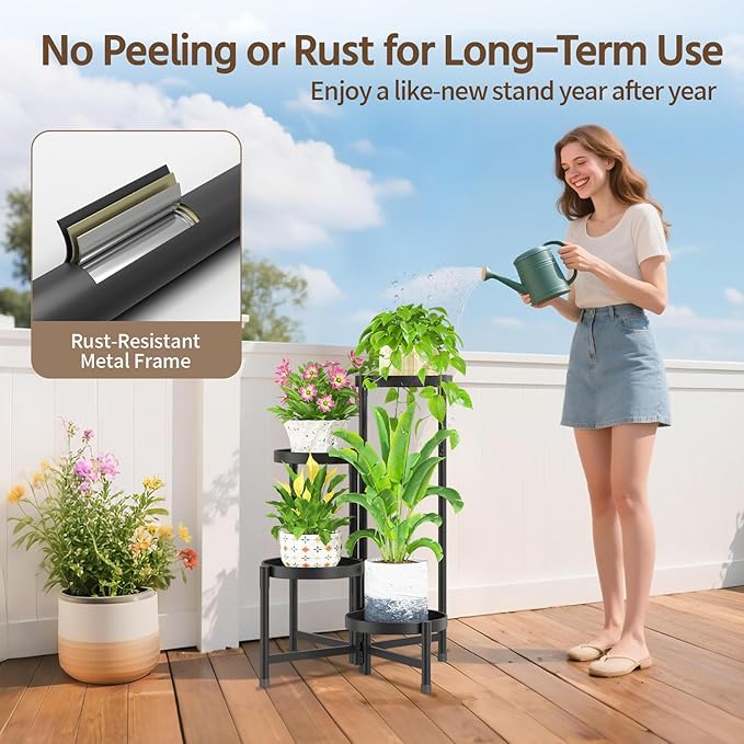 LASZOLA 4 Tier Large Plant Stand Indoor Tall with 10 Inch Metal Tray, Corner Folding Flower Display Rack, Modern Plant Holder Shelf for Outdoor Patio Porch Garden Office Living Room, Black