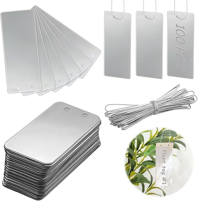 MorningRo 100 Pcs Aluminum Plant Labels Bulk 3.74 x 1.57 Inch Large Metal Plant Tags Double Sided Written Tree Tags Labels Markers with 100 Metal Wires for Outdoor Garden Identification and Greenhouse
