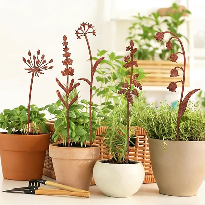 5 Pack Rust - Colored Metal Plant Stakes, Decorative Garden Stakes for Flower Bed & Yard, Metal Flower Decor for Outdoor Use, Yard Decor & Decorative Plant Stakes for Garden (Flowers, 5)