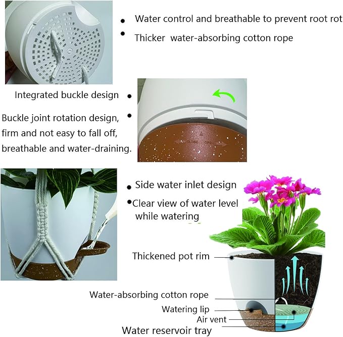 Hanging Planters with Macrame Plant Hangers for Indoor Outdoor Plants, 3 Set Hanging Baskets Flower Pots Holders 35''/27''/21'', Self-Watering Pots 7''/6''/5.5'', Boho Home Decor, White