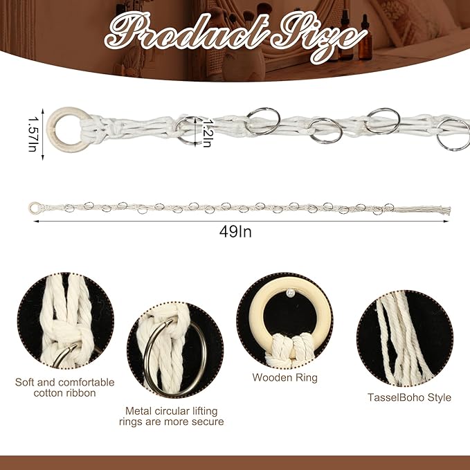 Thenshop 2 Pcs Macrame Hair Claw Clip Organizer with Rotating Wood Hook 20 Metal Rings Hanging Hair Clip Holder for Women Girl Boho Claw Clips Storage Decor for Home Wall Door Closet