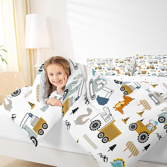 Feelyou Construction Bedding Set King Size Equipment Trucks Comforter Set for Kids Boys Girls Decor Dinosaur Comforter 3D Digital Print Yellow Duvet Set Bedroom Quilt Set