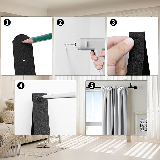 Curtain Rod Holders,Set of 8 Leather Curtain Rod Brackets with Screws,PU Curtain Rod Hangers Stylish Black Leather Straps Hooks for Wall Pole Macrame Boho Art Décor