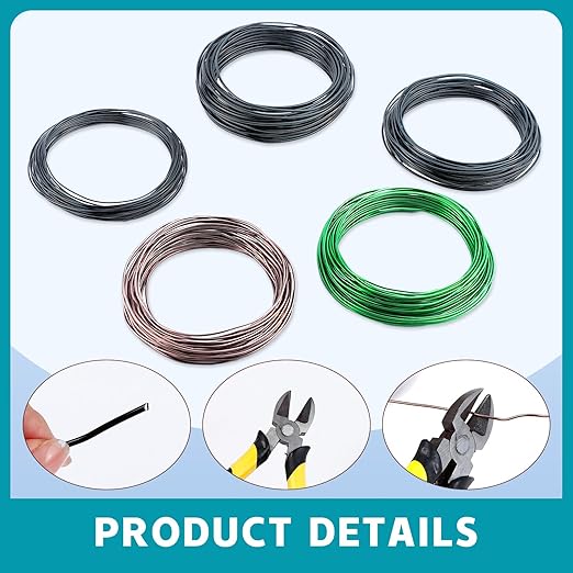 5 Roll Bonsai Wires, Anodized Aluminum Bonsai Training Wire with Wire Cutter, 3 Colors and 3 Sizes (1mm, 1.5mm, 2mm), Total 160 Feet, Aluminum Wires for Indoor Garden Small Trunks DIY Tools
