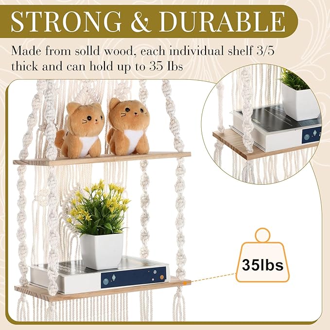Barydat 2 Pack Macrame Wall Hanging Shelf 2 Tier Handmade Boho Hanging Wall Shelf Floating Woven Rope Decorative Storage Racks Holder Organizer for Home Bedroom Bathroom Plants, Beige (Retro)