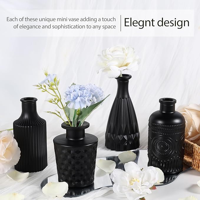 TBWIND 12pcs Glass Black Bud Vases Set, Small Vases for Flowers, Bud Vase for Centerpieces in Bulk, Mini Vintage Vase for Rustic Wedding Decorations, Office and Home Table Flower Décor