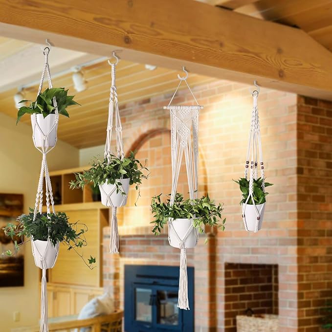 Flexzion Hanging Macrame Plant Holder - 4-Set Pot Hangers for Plants, Boho Hanging Planters for Indoor Use, Handwoven Cotton Rope Plant Hanger Set with C & S Hooks (Plant & Pot Not Included)