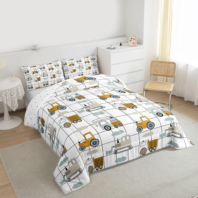 Feelyou Construction Truck Comforter Set Twin Kids Machinery Truck Excavators Vehicles Comforter for Boys Cartoon Tractor Bedding Set Excavator Tractor Plaid Grid White Duvet Set with 1 Pillow Case