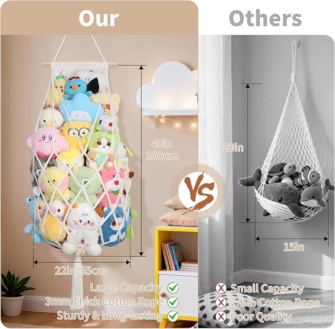 Stuffed Animal Storage Net Corner, 70 Inch Jumbo Macrame Stuffed Animal Hammock Plushie Net, Wall Ceiling Hanging Stuffy Storage Stuff Animal Organizer for Kid Boho Nursery Decor Gift (Cream)