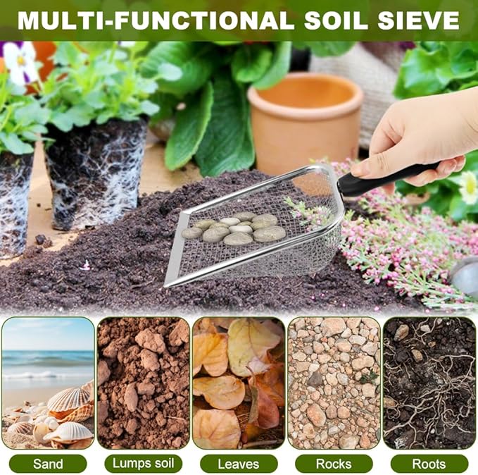 2-Pack Gardening Soil Sifter Set, 2-in-1 Soil Sifter and Shovel with 3.8mm & 5.0mm Sieves, Stainless Steel Compost Sifters Potting Scoop for SOI-l Screening, Rock Removal(Color:Black)