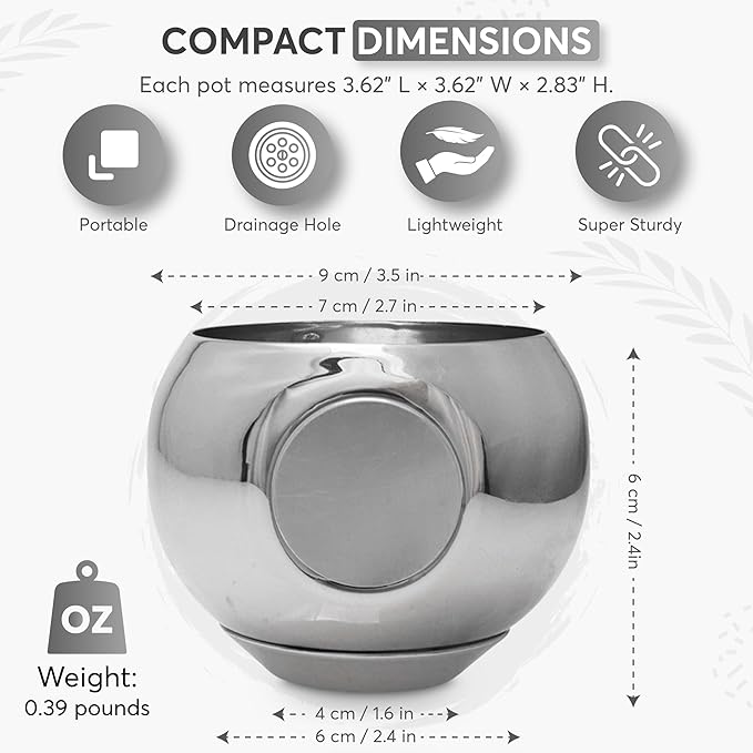 Magnetic Plant Pot - Unique Window Planter for Herbs, Succulents, Indoor & Outdoor Greenery - Self-Adhesive Magnet Attachment, Drainage Holes, Detachable Reservoir - Silver