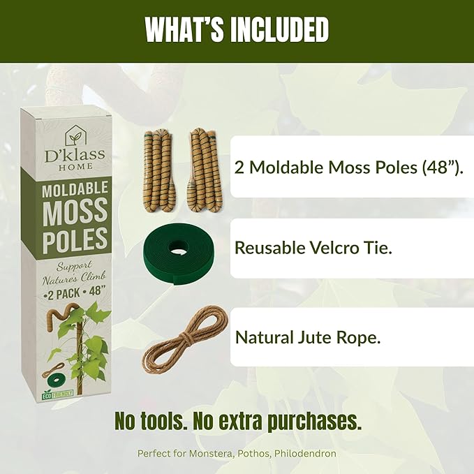 Moss Pole for Monstera, 2 Pack 48” Coco Coir Plant Support Pole for Climbing Plants with Flexible 5mm Aluminum Core, Plant Stake for Pothos & Philodendron, Monstera Support – Velcro & Jute Rope