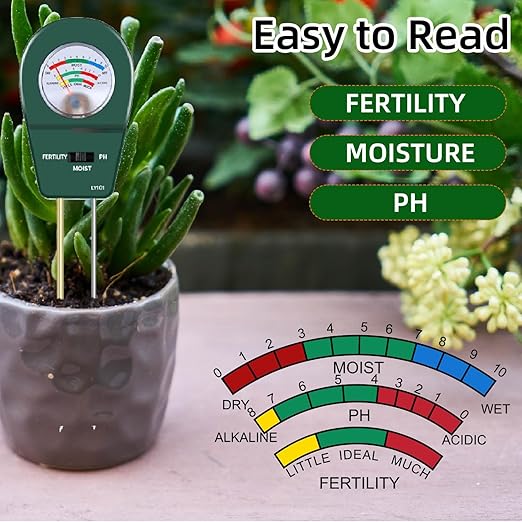 3-in-1 Soil Moisture Meter pH & Fertility Tester, No Battery Needed Plant Soil Test Kit for Houseplants, Garden, Lawn & Farm, Plug-and-Read Soil Acidity Meter for Indoor Outdoor Potted Plants (Green)