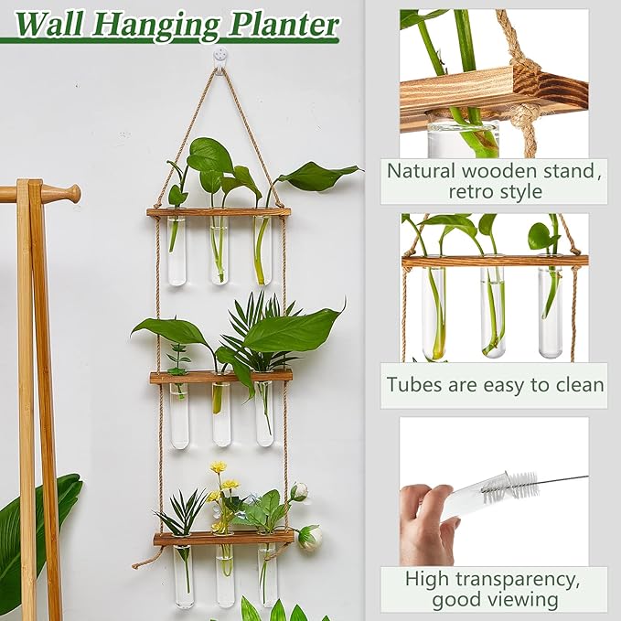 Leumoi 3 Pcs Wall Hanging Plant Propagation Station with Wooden Stand, 18 Glass Test Tubes, 1/2/3 Tiered Planters for Hydroponic Cuttings, Indoor Wall Decor, Office Home Garden Gift