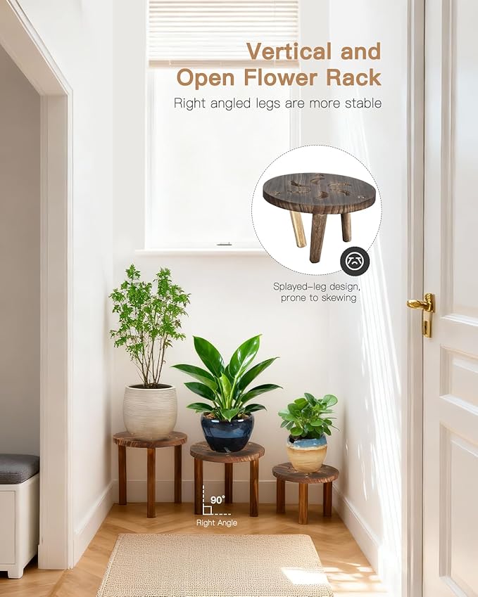3-Pack Wooden Plant Stand Indoor, Mid Century Plant Stands for 6-11 Inch Pots, Modern Plant Stool for Large Plants, Heavy Duty Tall Plant Holder for Small Apartment Living Room Balcony Office
