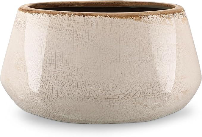 9.8 Inch Large Vintage Ceramic Planter Ice Crack Glaze Gray Peony Flower Pot with Drainage Holes Rustic Country Plant Pots Decorative Gifts for Home Kitchen Office Indoor Outdoor Plants
