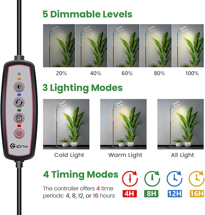 Wiaxulay Grow Light with Stand, Full Spectrum Floor Plant Lights for Indoor Growing, Height Adjustable 24-68, Ideal for Growing Large Plants, 4/8/12/16H Timer,3 Lighting Modes,306 LED (2 Heads)