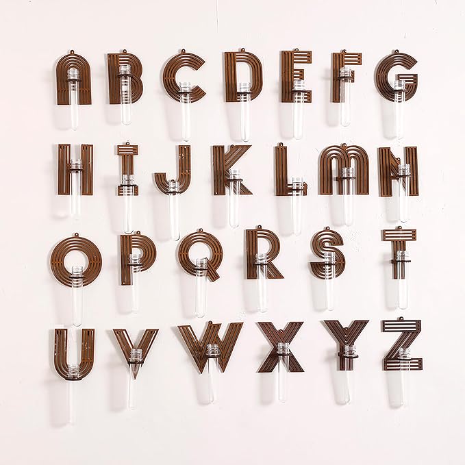 Thrive Letters Wall Propagation Planters Test Tubes Wall Decor for Hanging Plants Clear Water Plant Vase Brown Wood Upletter Alphabet Functional Art Boho 6 Pack