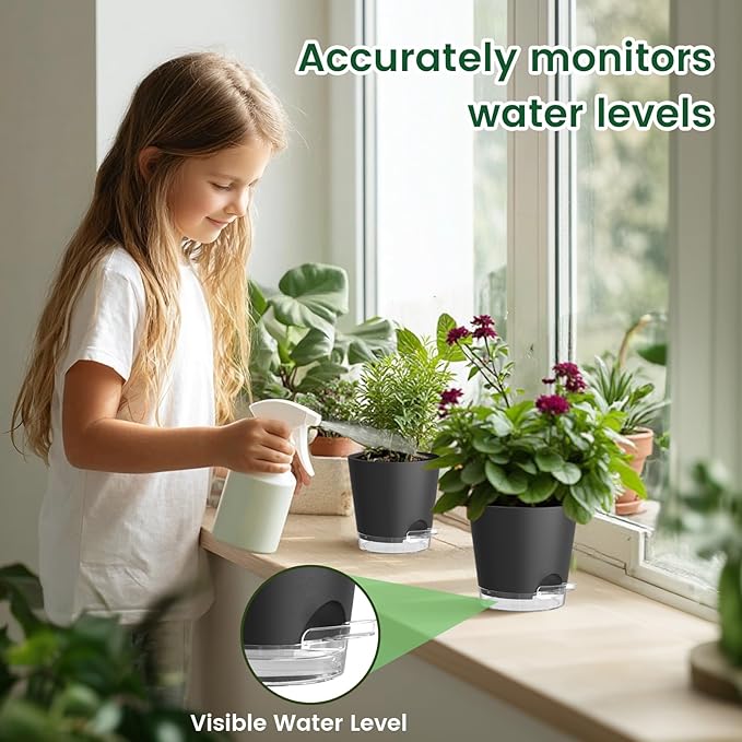 Meowell 4 inch Self Watering Pots for Indoor Plants, 5 Pack Small Flower Plant Pots with Drainage Holes and Clear Reservoirs, Visible Water Level, Plastic Planters with Wicking Rope, Black