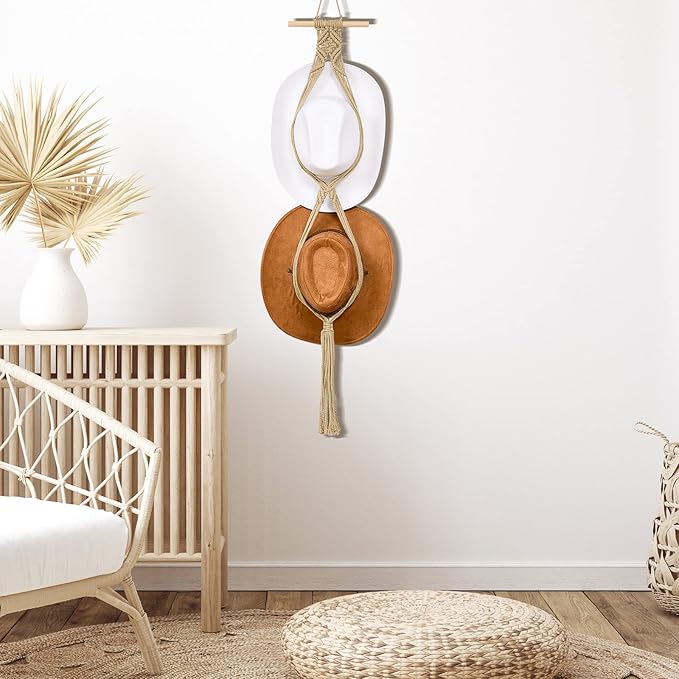 Yulejo Macrame Hat Hangers Boho Hat Rack Cowboy Hat Hanger Back of Door Hat Organizer (Beige,Two Hats Style)