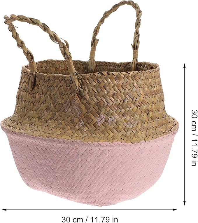 Toyvian Woven Seagrass Flower Basket with Handle, 27cm Diameter Decorative Plant Pot for Home Gardening and Living Room Storage, Foldable Pink Rattan Planter for Indoor Use