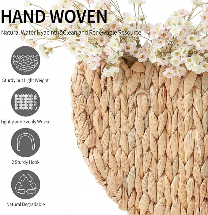 Coeusy Scalloped Wall Basket,Boho Wall Decor Basket,Big Wicker Hanging Baskets for Nursery,Door,Plants,Mail,Natural Water Hyacinth