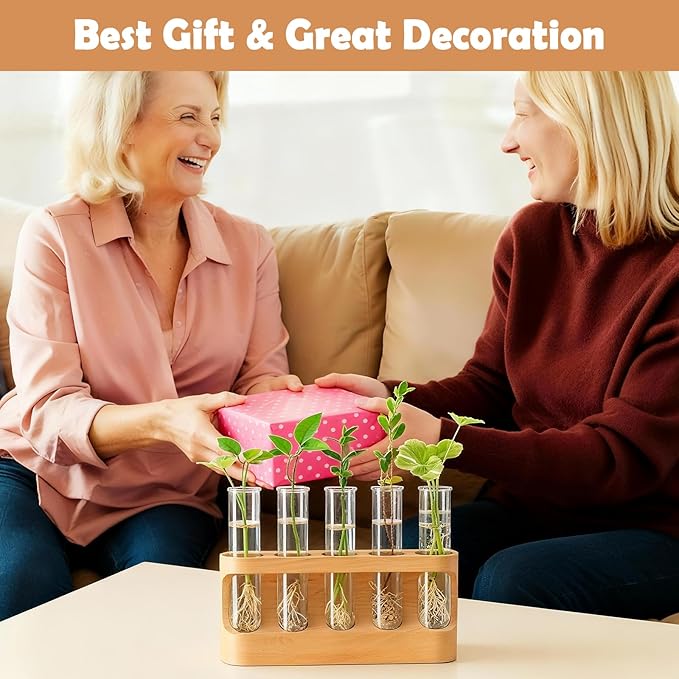 Tigvio Plant Propagation Station with 9-Level Dimmable LED Light, 5 Glass Test Tube Vases, Wooden Stand for Hydroponic Plants, Gardening Gift for Women & Plant Lovers, Desktop Terrarium & Home Decor