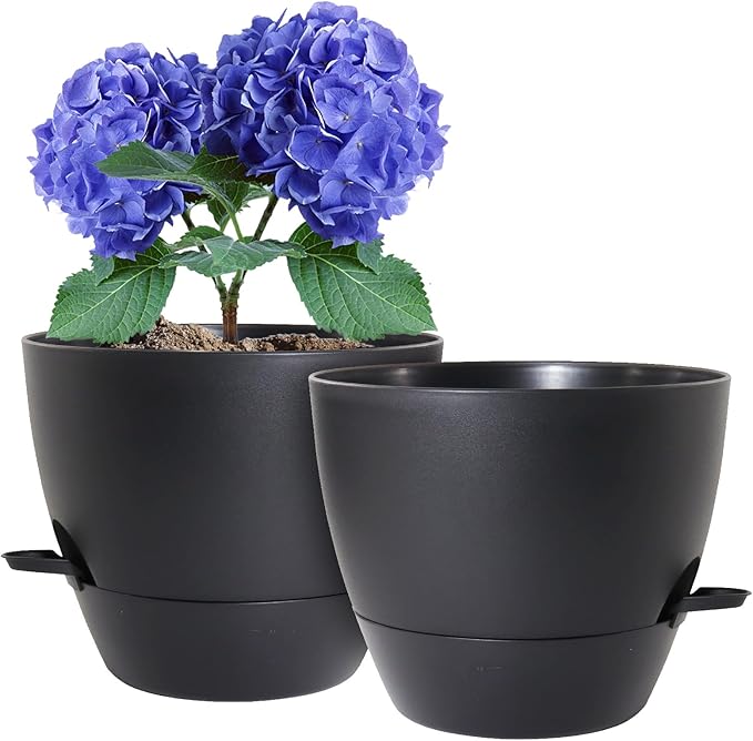 WSMKSZ 8 inch Self Watering Pots, 2 Pack Plastic Planters with Mesh Drainage Holes for Garden Plants and Flower, Plants Pots with Deep Reservoir for Indoor Outdoor Plants, Black