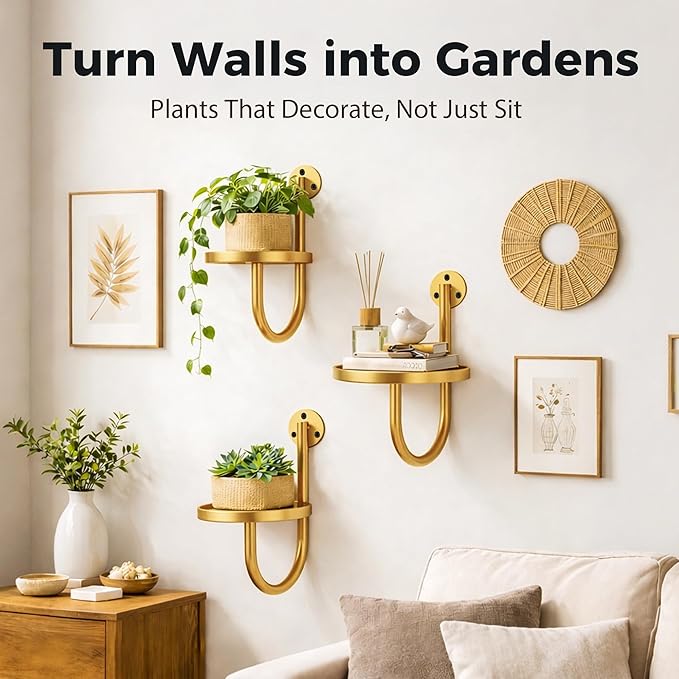 Wall Plant Holders for Indoor Plants, 3 Pack Metal Wall Mounted Plant Shelves，Modern Window Plant Hanger, Space Saving Hanging Planters for Living Room Bedroom Kitchen Bathroom Office Decor, Golden