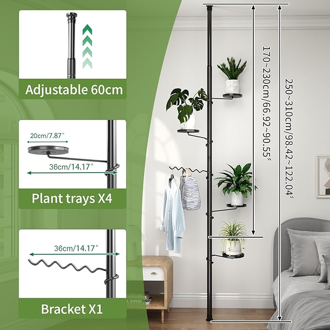 BAOYOUNI 5 Tier Indoor Plant Pole Stand Tension Rod Adjustable Flower Display Rack Spring Loaded Floral Hanger Storage Shelf with 4 Trays & 1 Wave Hook, Black (4 Trays & 1 Wave Hook, 5 Tier)